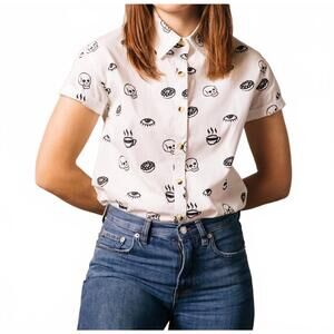 NEW PYKNIC morning glory coffee casual button down shirt in white